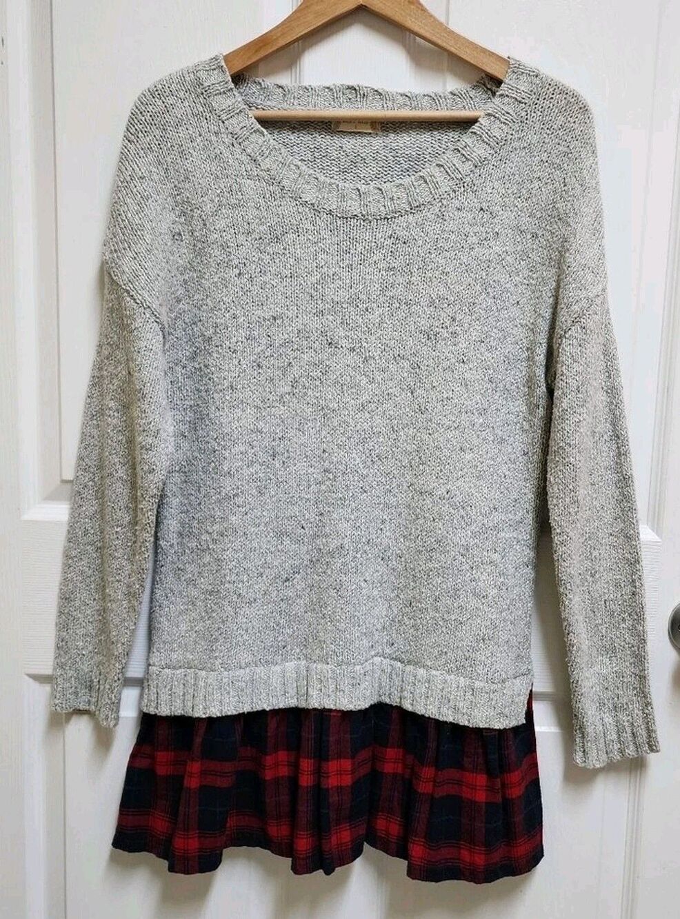 Altar'd State Sweater Womens S Gray Knit Red Plaid Peplum Tunic Long Slv Preppy